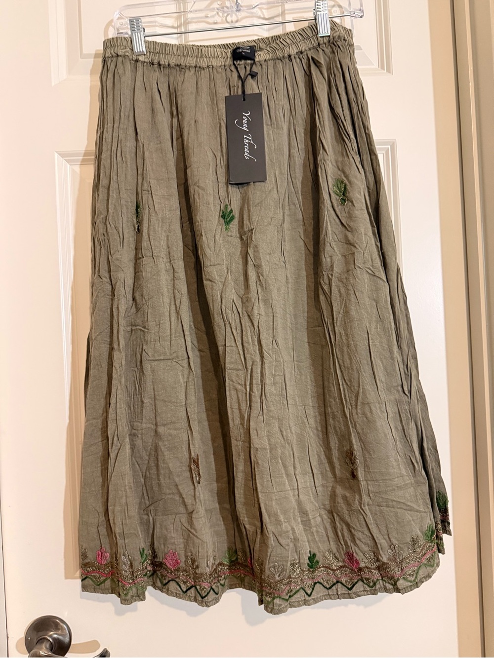 Young Threads Olive Embroidered Midi Skirt 100% Cotton